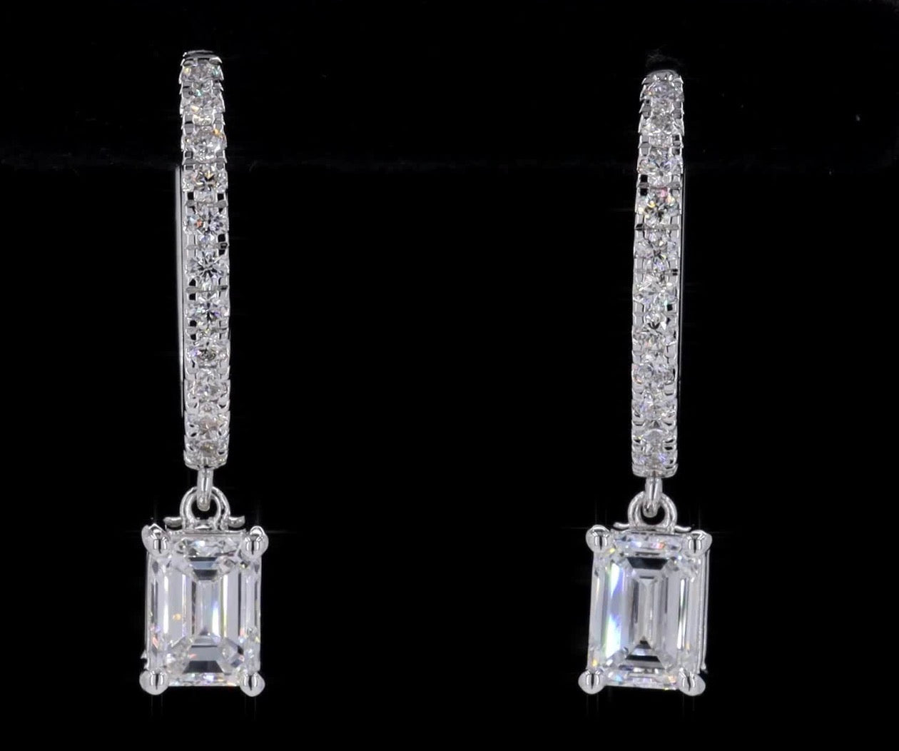 1.25 CTW Emerald Cut Lab Diamond Hoop Drop Earrings – 14K White Gold