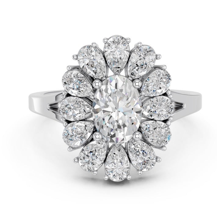 1.95 CTW Oval & Pear Lab Diamond Floral Cocktail Ring – 14K White Gold