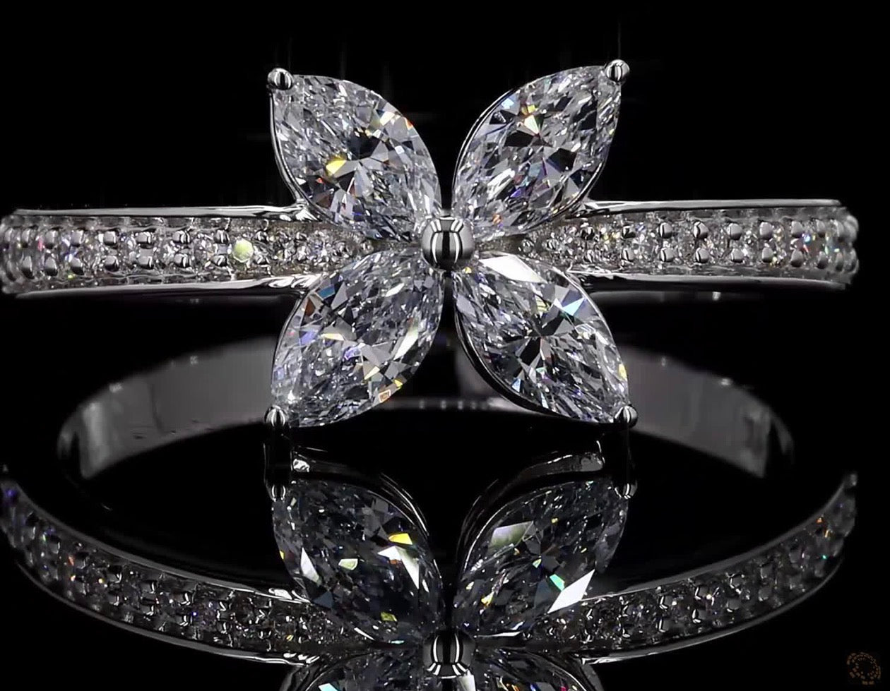 0.92 CTTW Marquise & Round Lab Diamond Flower Ring – 14K White Gold