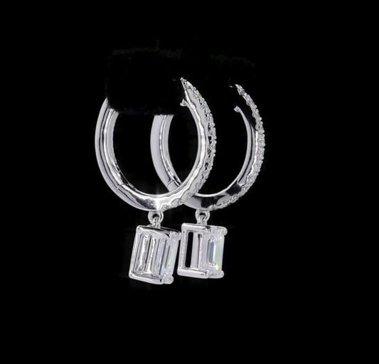 1.25 CTW Emerald Cut Lab Diamond Hoop Drop Earrings – 14K White Gold